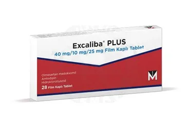 EXCALİBA PLUS 40 MG/10 MG/25 MG FİLM KAPLI TABLET, 84 TABLET kutu fotoğrafı, film kaplı tablet formunda olmesartan medoksomil, amlodipin besilat, hidroklorotiyazid içerir. Üretici: MENARİNİ İLAÇ SANAYİ VE TİC. A.Ş.