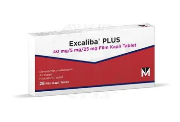 EXCALİBA PLUS 40 MG/ 5MG/ 25 MG FİLM KAPLI TABLET, 84 TABLET ambalajı. Olmesartan medoksomil, amlodipin besilat, hidroklorotiyazid içeren film kaplı tablet. Üretici: MENARİNİ İLAÇ SANAYİ VE TİC. A.Ş.