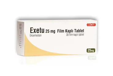 EXETU 25 MG 30 FILM KAPLI TABLET kutusu, film kaplı tablet formunda eksemestan içerir. Üretici: ONKO İLAÇ SANAYİ VE TİCARET ANONİM ŞİRKETİ.
