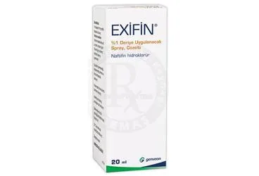 EXIFIN %1 DERIYE UYGULANACAK SPREY, COZELTI (20 ML) ürün ambalajı. Naftifin hcl içeren çözelti. Üretici: GENVEON İLAÇ SANAYİ VE TİCARET ANONİM ŞİRKETİ.