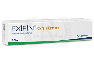 Naftifin hcl içeren krem: EXIFIN %1 KREM (30G) ambalajı. Üretici: GENVEON İLAÇ SANAYİ VE TİCARET ANONİM ŞİRKETİ.