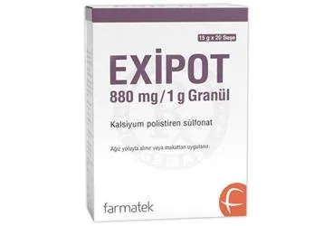 EXIPOT 880 MG/1 G GRANUL (20 SASE) ambalajı, saşe formunda polistiren sülfonat içerir. Üretici: FARMA-TEK İLAÇ SANAYİ VE TİCARET A.Ş.