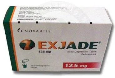 EXJADE 125 MG 28 ADET SUDA DAGILABILEN TABLET ürün ambalajı. Deferasiroks içeren tablet. Üretici: NOVARTİS SAĞLIK GIDA VE TARIM ÜRÜNLERİ SANAYİ VE TİCARET ANONİM ŞİRKETİ.