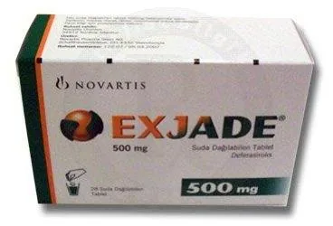 EXJADE 500 MG 28 ADET SUDA DAGILABILEN TABLET ambalajı, tablet formunda deferasiroks içerir. Üretici: NOVARTİS SAĞLIK GIDA VE TARIM ÜRÜNLERİ SANAYİ VE TİCARET ANONİM ŞİRKETİ.
