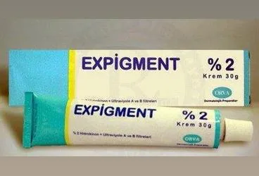 EXPIGMENT %2 30 GR KREM ürün ambalajı, krem formunda hidrokinon + kafur + butilmetoksidibenzoil içerir. Üretici: ORVA İLAÇ SAN. VE TİC. A.Ş.