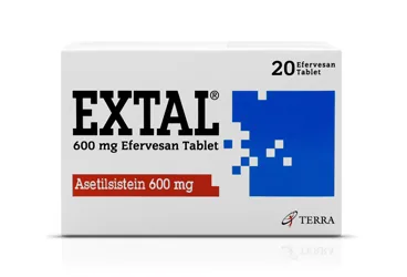 Asetilsistein içeren tablet: EXTAL 600 MG 20 EFFERVESAN TABLET kutusu. Üretici: TERRA İLAÇ VE KİMYA SAN. TİC. A.Ş.