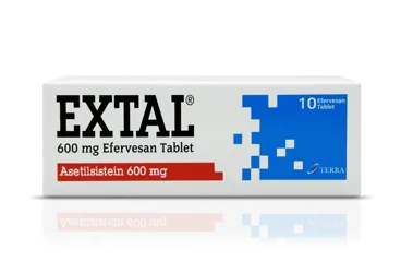 EXTAL 600 MG 10 EFERVESAN TABLET kutu fotoğrafı, efervesan tablet formunda asetilsistein içerir. Üretici: TERRA İLAÇ VE KİMYA SAN. TİC. A.Ş.