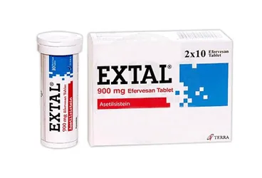 EXTAL 900 MG EFERVESAN TABLET (20 TABLET) kutu fotoğrafı. Asetilsistein içeren efervesan tablet. Üretici: TERRA İLAÇ VE KİMYA SAN. TİC. A.Ş.