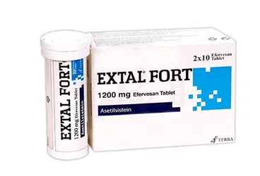 EXTAL FORT 1200 MG EFERVESAN TABLET (20 TABLET) (asetilsistein) ürün ambalajı, efervesan tablet. Üretici: TERRA İLAÇ VE KİMYA SAN. TİC. A.Ş.