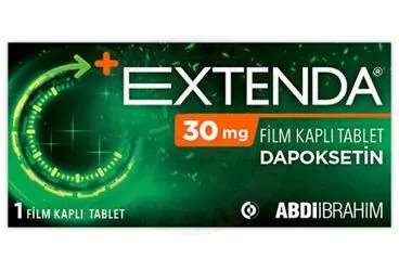 Dapoksetin içeren film kaplı tablet: EXTENDA 30 MG FILM TABLET (1 TABLET) ürün ambalajı. Üretici: ABDİ İBRAHİM İLAÇ SANAYİ VE TİCARET A.Ş.