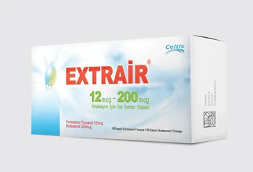Formoterol + budesonid içeren inhalasyon aerosolü: EXTRAIR 12 MCG+200 MCG INHALASYON ICIN TOZ ICEREN KAPSUL (60+60 KAPSUL) kutusu. Üretici: CELTİS İLAÇ SANAYİ VE TİCARET ANONİM ŞİRKETİ.