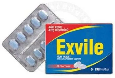 EXVILE 220 MG FILM KAPLI TABLET (20 ADET) ürün ambalajı. Naproksen sodyum içeren film kaplı tablet. Üretici: TRIPHARMA İLAÇ SANAYİ VE TİCARET A.Ş.