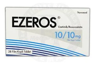 Rosuvastatin + ezetimib içeren film kaplı tablet: EZEROS 10/10 MG 28 FILM KAPLI TABLET ürün ambalajı. Üretici: NUVOMED İLAÇ SANAYİ TİCARET ANONİM ŞİRKETİ.
