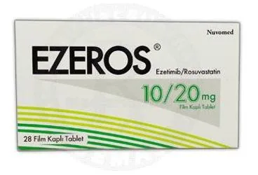 EZEROS 10/20 MG 28 FILM KAPLI TABLET ürün ambalajı, film kaplı tablet formunda rosuvastatin + ezetimib içerir. Üretici: NUVOMED İLAÇ SANAYİ TİCARET ANONİM ŞİRKETİ.