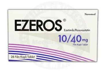 EZEROS 10/40 MG 28 FILM KAPLI TABLET kutu fotoğrafı. Rosuvastatin + ezetimib içeren film kaplı tablet. Üretici: NUVOMED İLAÇ SANAYİ TİCARET ANONİM ŞİRKETİ.