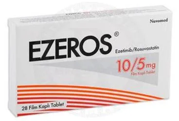 EZEROS 10/5 MG 28 FILM KAPLI TABLET kutusu. Rosuvastatin + ezetimib içeren film kaplı tablet. Üretici: NUVOMED İLAÇ SANAYİ TİCARET ANONİM ŞİRKETİ.