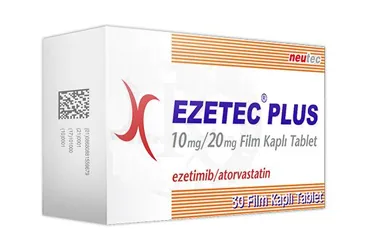 Atorvastatin + ezetimib içeren film kaplı tablet: EZETEC PLUS 10 MG/20 MG FILM KAPLI TABLET (30 TABLET) ambalajı. Üretici: NEUTEC İLAÇ SANAYİ TİCARET ANONİM ŞİRKETİ.