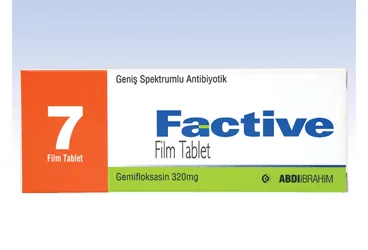FACTIVE 320 MG FILM KAPLI TABLET (7 TABLET) ürün ambalajı, film kaplı tablet formunda gemifloksasin içerir. Üretici: ABDİ İBRAHİM İLAÇ SANAYİ VE TİCARET A.Ş.