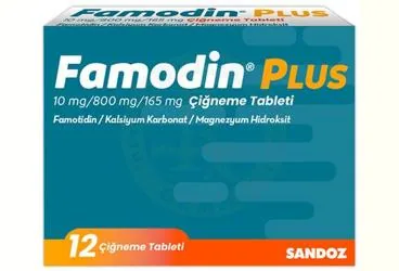 FAMODIN PLUS 10 MG/800 MG/165 MG CIGNEME TABLETI (12 TB) ürün ambalajı. Famotidin, antiasit kombinasyonu içeren çiğneme tableti. Üretici: SANDOZ İLAÇ SANAYİ VE TİCARET A.Ş.