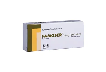 Famotidin içeren film kaplı tablet: FAMOSER 20 MG 60 FILM KAPLI TABLET ürün ambalajı. Üretici: BİOFARMA İLAÇ SANAYİ VE TİCARET A.Ş.