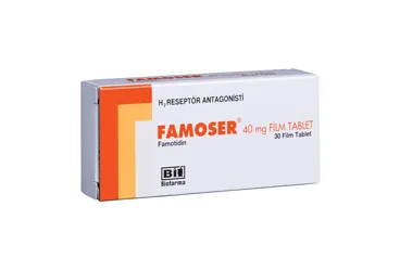 FAMOSER 40 MG 30 FILM KAPLI TABLET ambalajı. Famotidin içeren film kaplı tablet. Üretici: BİOFARMA İLAÇ SANAYİ VE TİCARET A.Ş.