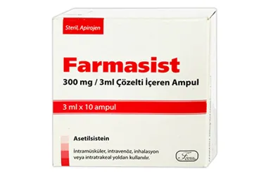 Asetilsistein içeren çözelti: FARMASIST 300MG/3ML COZELTI ICEREN 10 AMPUL kutusu. Üretici: FARMALAS İLAÇ SAN. VE TİC. LTD. ŞTİ.