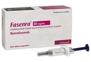 FASENRA 30 MG/ML ENJEKSIYONLUK COZELTI ICEREN KULLANIMA HAZIR ENJEKTOR (1 ADET) kutu fotoğrafı, çözelti formunda benralizumab içerir. Üretici: ASTRAZENECA İLAÇ SAN.VE TİC.LTD.ŞTİ.