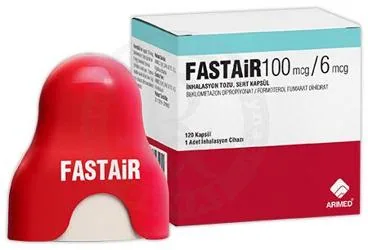 FASTAIR 100 MCG/6 MCG INHALASYON TOZU, SERT KAPSUL (120 KAPSUL) ürün ambalajı, inhalasyon aerosolü formunda beklometazon dipropiyonat + formoterol fumarat içerir. Üretici: ARIMED İLAÇ SAN. VE TİC. A.Ş.