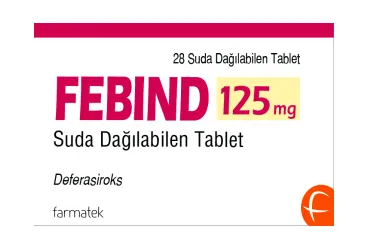 FEBIND 125 MG SUDA DAGILABILEN TABLET (28 TABLET) ambalajı. Deferasiroks içeren tablet. Üretici: FARMA-TEK İLAÇ SANAYİ VE TİCARET A.Ş.
