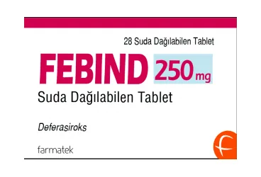 Deferasiroks içeren tablet: FEBIND 250 MG SUDA DAGILABILEN TABLET (28 TABLET) kutu fotoğrafı. Üretici: FARMA-TEK İLAÇ SANAYİ VE TİCARET A.Ş.