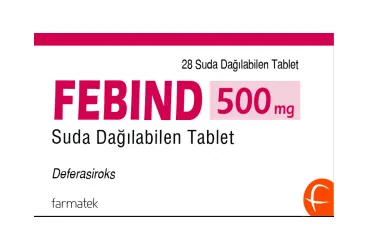 FEBIND 500 MG SUDA DAGILABILEN TABLET (28 TABLET) ambalajı. Deferasiroks içeren tablet. Üretici: FARMA-TEK İLAÇ SANAYİ VE TİCARET A.Ş.