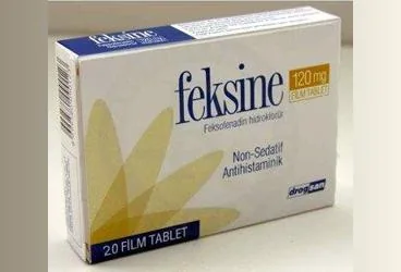 FEKSINE 120 MG FILM KAPLI TABLET (20 TABLET) kutusu. Feksofenadin hidroklorid içeren film kaplı tablet. Üretici: DROGSAN İLAÇLARI SAN. VE TİC. A.Ş.
