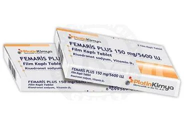 FEMARIS PLUS 150 MG/5600 IU FILM KAPLI TABLET(3 FILM TABLET) kutusu. Risedronat + vitamin d3 içeren film kaplı tablet. Üretici: PLATİN KİMYA MÜMESSİLLİK VE DIŞ TİCARET ANONİM ŞİRKETİ.