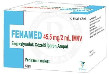 Feniramin içeren ampul: FENAMED 45,5 MG/2 ML IM/IV ENJ. COZ. ICEREN 50 AMPUL ürün ambalajı. Üretici: AVİCENNA FARMA DIŞ TİC. VE PAZ. A.Ş.