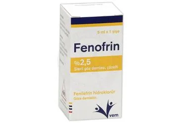 FENOFRIN % 2.5 GOZ DAMLASI, COZELTI kutu fotoğrafı, göz damlası formunda fenilefrin -oftalmik içerir. Üretici: VEM İLAÇ SAN. VE TİC. ANONİM ŞİRKETİ.