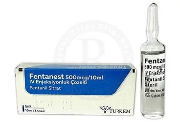 FENTANEST 500 MCG/10ML ENJEKSIYONLUK COZELTI (1 AMPUL) ürün ambalajı. Fentanyl içeren çözelti. Üretici: TÜRKEM İLAÇ SANAYİ VE TİCARET ANONİM ŞİRKETİ.