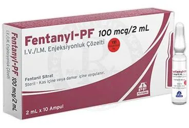 FENTANYL-PF 100 MCG/2 ML I.V./I.M. ENJEKSIYONLUK COZELTI ürün ambalajı. Fentanyl içeren çözelti. Üretici: POLİFARMA İLAÇ SAN. VE TİC. A.Ş.