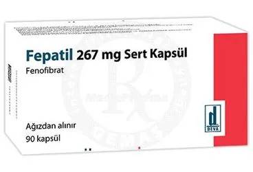 Fenofibrat içeren kapsül: FEPATIL 267 MG SERT KAPSUL (90 KAPSUL) kutusu. Üretici: DEVA HOLDİNG ANONİM ŞİRKETİ.