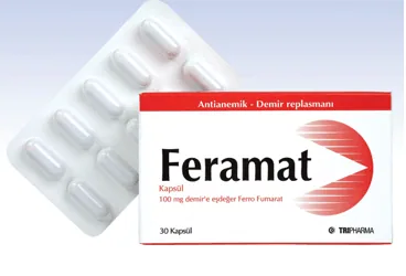FERAMAT 100 MG 30 KAPSÜL (ferrous fumarate) kutusu, kapsül. Üretici: TRIPHARMA İLAÇ SANAYİ VE TİCARET A.Ş.