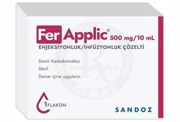 Demir karboksimaltoz içeren çözelti: FERAPPLIC 500 MG/10 ML ENJEKSIYONLUK/INFUZYONLUK COZELTI (1 FLAKON) ürün ambalajı. Üretici: SANDOZ İLAÇ SANAYİ VE TİCARET A.Ş.