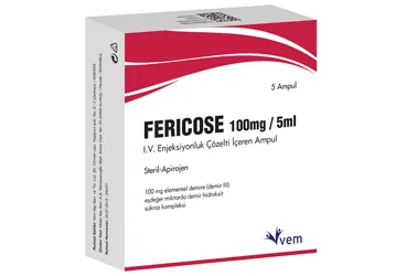 FERICOSE 100 MG/5 ML IV ENJEKSIYONLUK COZELTI ICEREN 5 AMPUL (demir iii hidroksit sükroz) kutu fotoğrafı, çözelti. Üretici: VEM İLAÇ SAN. VE TİC. ANONİM ŞİRKETİ.
