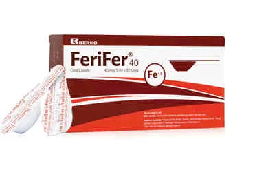 Demir iii hidroksit içeren çözelti: FERIFER-40 ORAL COZELTI 40 MG/5 ML 10 KASIK ambalajı. Üretici: BERKO İLAÇ VE KİMYA SAN. A.Ş.