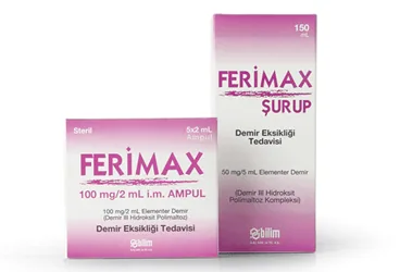 FERIMAX 100 MG/2 ML 5 AMPUL kutu fotoğrafı, ampul formunda demir iii hidroksit içerir. Üretici: BİLİM İLAÇ SANAYİİ VE TİCARET A.Ş.