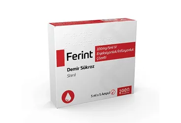 FERINT 100 MG/5 ML İV AMPUL (5 AMPUL) ambalajı. Demir iii hidroksit sükroz içeren ampul. Üretici: GEN İLAÇ VE SAĞLIK ÜRÜNLERİ SAN.VE TİC. A.Ş.