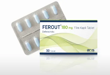 Deferasiroks içeren film kaplı tablet: FEROUT 180 MG 30 FILM KAPLI TABLET kutusu. Üretici: ALİ RAİF İLAÇ SANAYİ A.Ş.