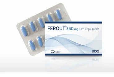 FEROUT 360 MG 30 FILM KAPLI TABLET ürün ambalajı. Deferasiroks içeren film kaplı tablet. Üretici: ALİ RAİF İLAÇ SANAYİ A.Ş.