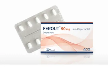FEROUT 90 MG 30 FILM KAPLI TABLET ürün ambalajı. Deferasiroks içeren film kaplı tablet. Üretici: ALİ RAİF İLAÇ SANAYİ A.Ş.