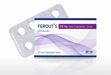 FEROUT S 125 MG SUDA DAGILABILEN 28 TABLET ürün ambalajı, tablet formunda deferasiroks içerir. Üretici: ALİ RAİF İLAÇ SANAYİ A.Ş.