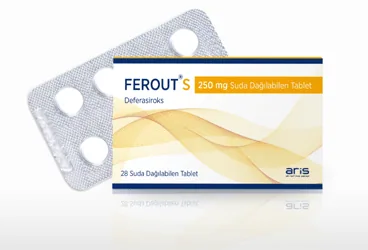 FEROUT S 250 MG SUDA DAGILABILEN 28 TABLET kutu fotoğrafı. Deferasiroks içeren tablet. Üretici: ALİ RAİF İLAÇ SANAYİ A.Ş.