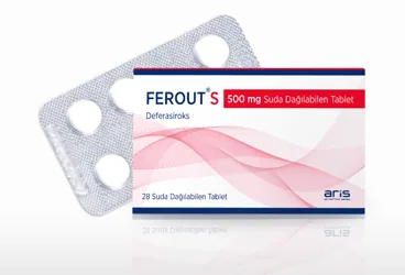 FEROUT S 500 MG SUDA DAGILABİLEN TABLET ürün ambalajı. Deferasiroks içeren tablet. Üretici: ALİ RAİF İLAÇ SANAYİ A.Ş.